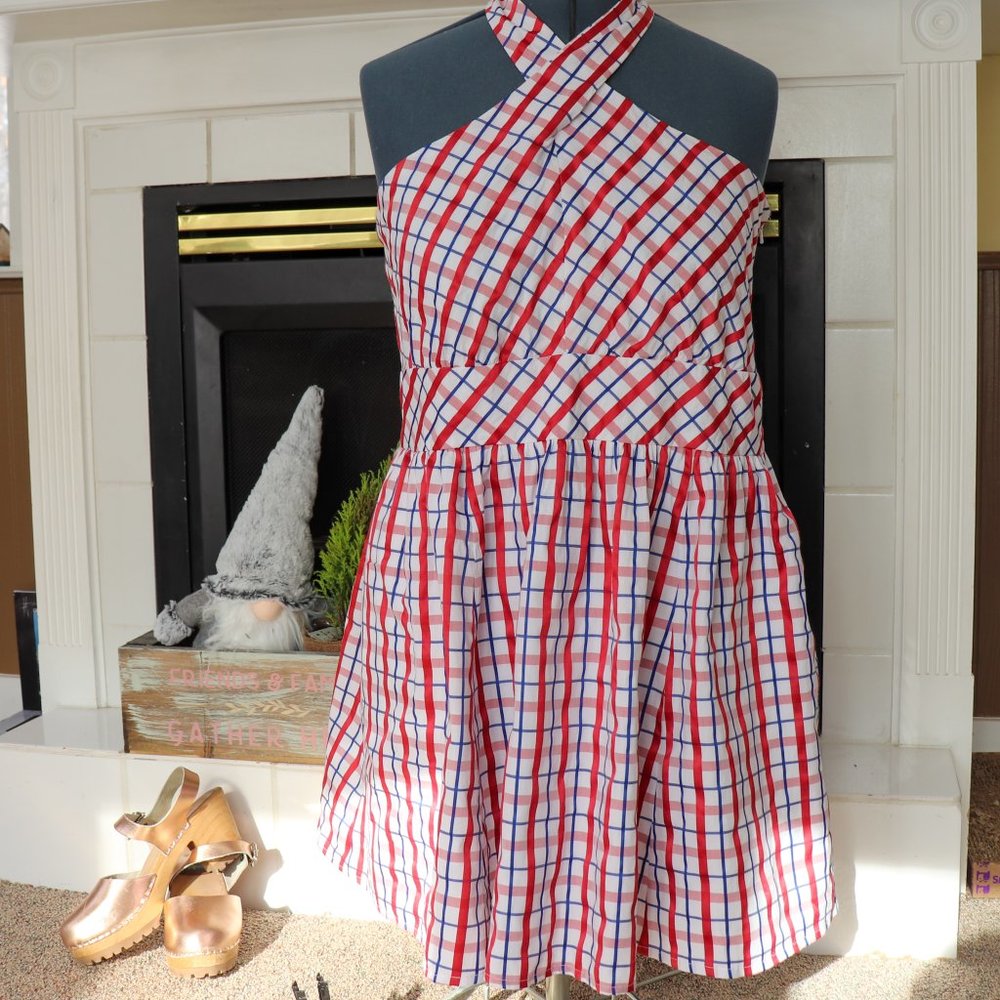Eshakti Red, Blue, and Pink Plaid Dress with criss cross neckline